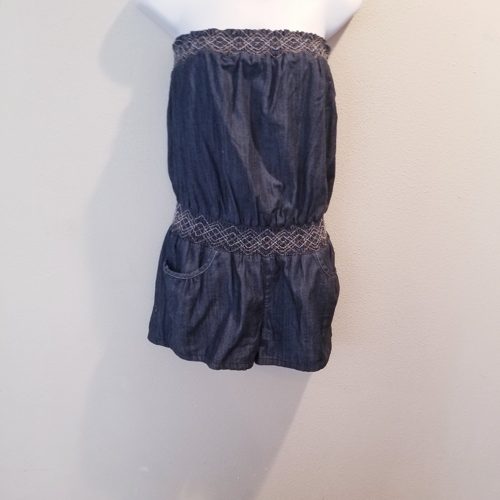 Mudd strapless demin romper w/embroidery …